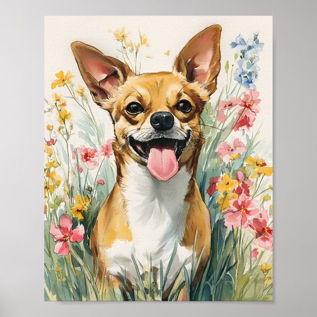 Watercolor Chihuahua in Wildflower Meadow – Cute D Poster (Front)