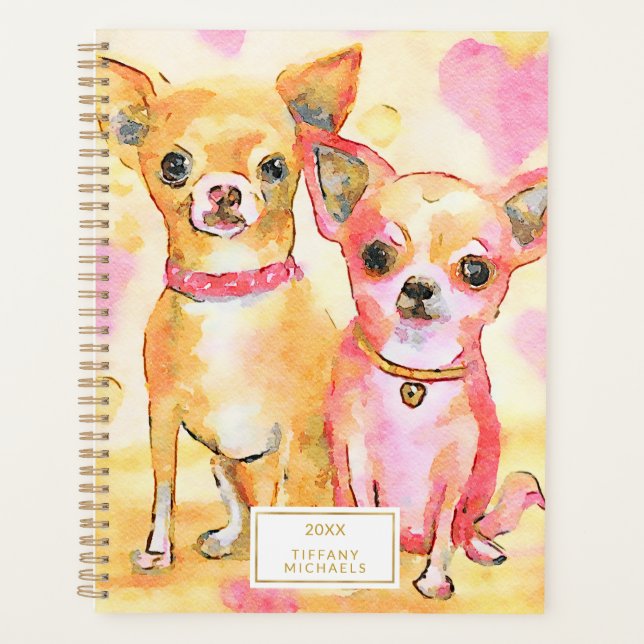 Watercolor Chihuahuas In Love Cute Pink Dogs Planner (Front)