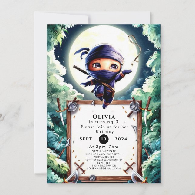 Watercolor Children Ninja Birthday Invitation (Front)