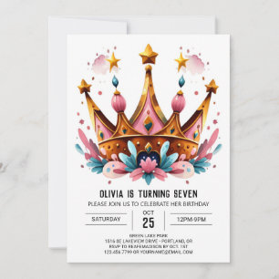 Watercolor Children Princess Crown Birthday Invitation