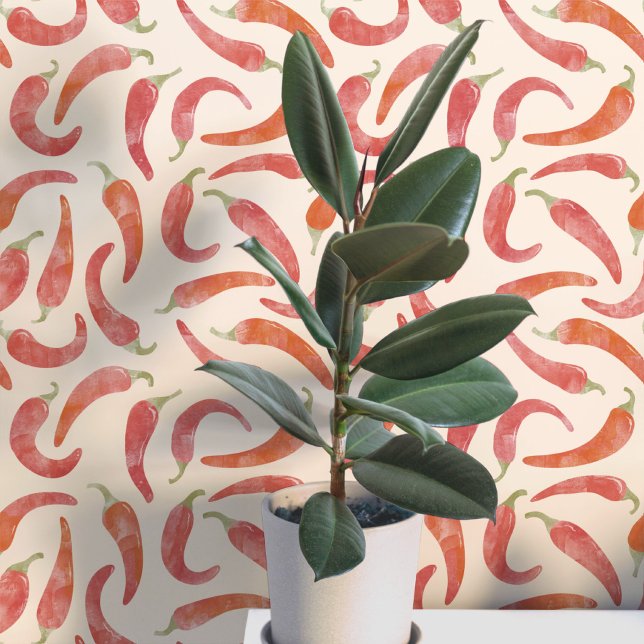 Watercolor Chilli Pepper Red Cream Wallpaper (Hot and spicy red chili pepper watercolor pattern art wallpaper)