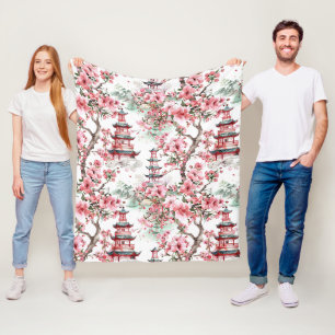 Watercolor Chinese Pagoda - Cherry Blossoms (10) Fleece Blanket