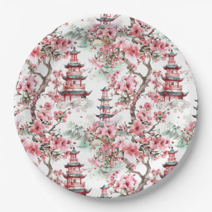 Watercolor Chinese Pagoda - Cherry Blossoms (10) Paper Plate