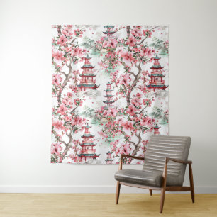 Watercolor Chinese Pagoda - Cherry Blossoms (10) Tapestry