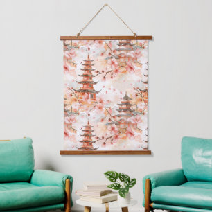 Watercolor Chinese Pagoda with Cherry Blossoms (1) Hanging Tapestry