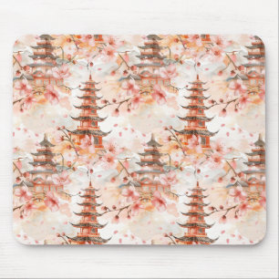 Watercolor Chinese Pagoda with Cherry Blossoms (1) Mouse Pad