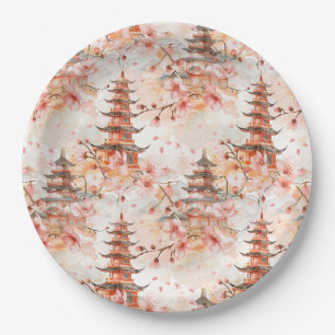 Watercolor Chinese Pagoda with Cherry Blossoms (1) Paper Plate