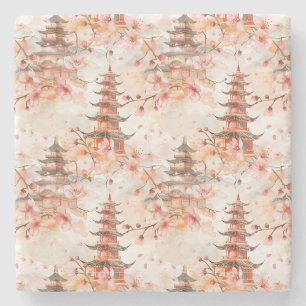 Watercolor Chinese Pagoda with Cherry Blossoms (1) Stone Coaster