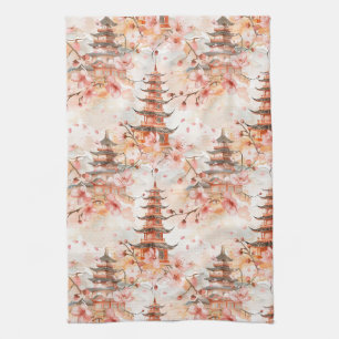 Watercolor Chinese Pagoda with Cherry Blossoms (1) Tea Towel