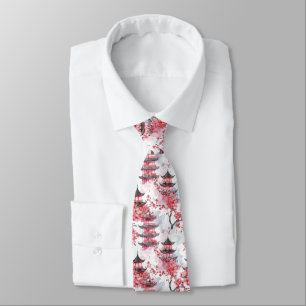 Watercolor Chinese Pagoda with Cherry Blossoms (2) Tie