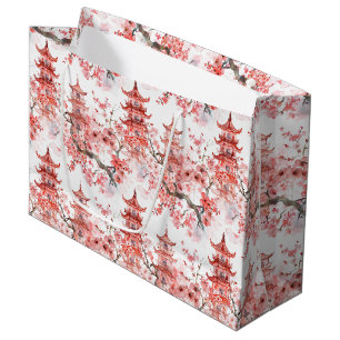 Watercolor Chinese Pagoda with Cherry Blossoms (3) Large Gift Bag