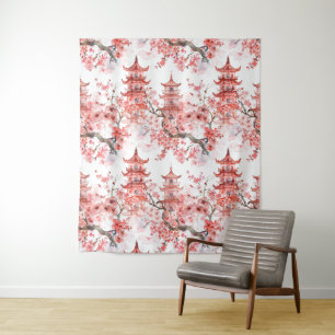 Watercolor Chinese Pagoda with Cherry Blossoms (3) Tapestry