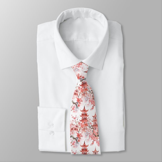 Watercolor Chinese Pagoda with Cherry Blossoms (3) Tie (Tied)