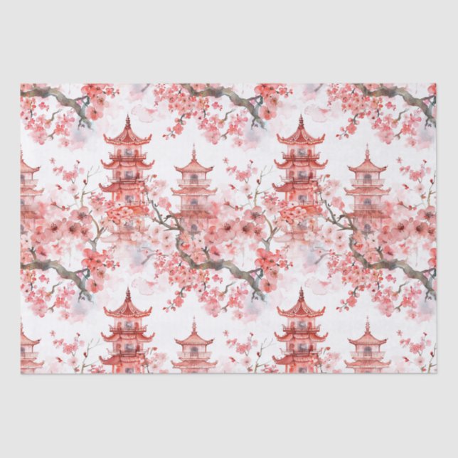 Watercolor Chinese Pagoda with Cherry Blossoms (3) Tissue Paper (Front)