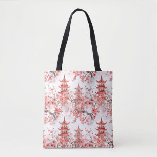Watercolor Chinese Pagoda with Cherry Blossoms (3) Tote Bag