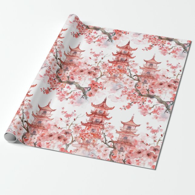 Watercolor Chinese Pagoda with Cherry Blossoms (3) Wrapping Paper (Unrolled)