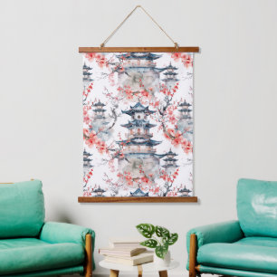 Watercolor Chinese Pagoda with Cherry Blossoms (4) Hanging Tapestry