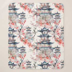 Watercolor Chinese Pagoda with Cherry Blossoms (4) Sherpa Blanket
