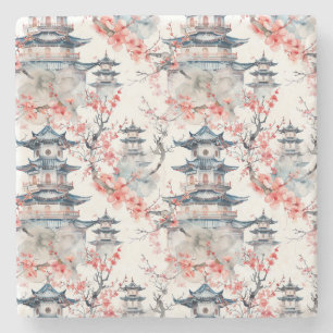 Watercolor Chinese Pagoda with Cherry Blossoms (4) Stone Coaster
