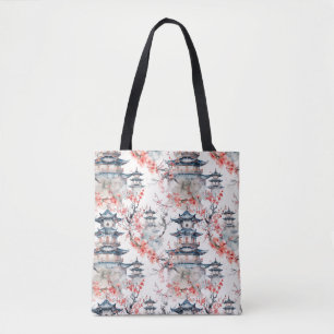 Watercolor Chinese Pagoda with Cherry Blossoms (4) Tote Bag
