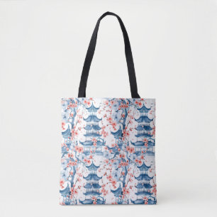 Watercolor Chinese Pagoda with Cherry Blossoms (5) Tote Bag