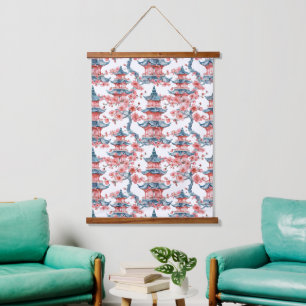 Watercolor Chinese Pagoda with Cherry Blossoms (6) Hanging Tapestry