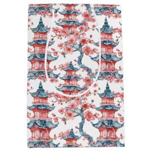 Watercolor Chinese Pagoda with Cherry Blossoms (6) Medium Gift Bag
