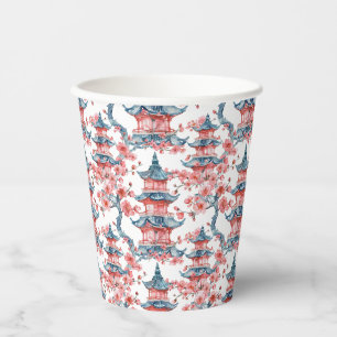 Watercolor Chinese Pagoda with Cherry Blossoms (6) Paper Cups