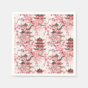 Watercolor Chinese Pagoda with Cherry Blossoms (7) Napkin