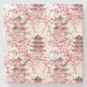 Watercolor Chinese Pagoda with Cherry Blossoms (7) Stone Coaster