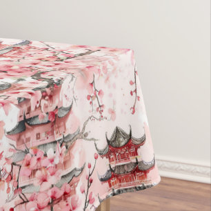Watercolor Chinese Pagoda with Cherry Blossoms (7) Tablecloth