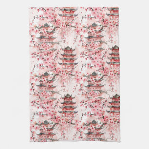 Watercolor Chinese Pagoda with Cherry Blossoms (7) Tea Towel