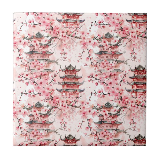 Watercolor Chinese Pagoda with Cherry Blossoms (7) Tile (Front)