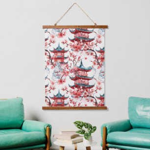 Watercolor Chinese Pagoda with Cherry Blossoms (8) Hanging Tapestry
