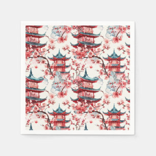 Watercolor Chinese Pagoda with Cherry Blossoms (8) Napkin