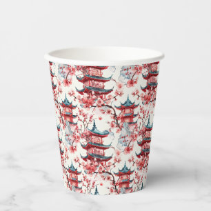 Watercolor Chinese Pagoda with Cherry Blossoms (8) Paper Cups