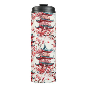 Watercolor Chinese Pagoda with Cherry Blossoms (8) Thermal Tumbler
