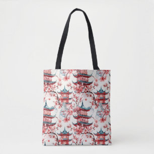 Watercolor Chinese Pagoda with Cherry Blossoms (8) Tote Bag