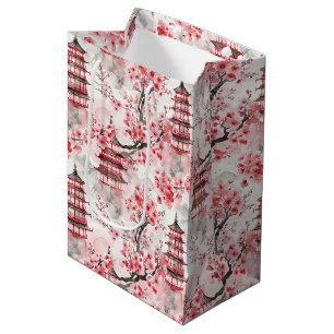 Watercolor Chinese Pagoda with Cherry Blossoms (9) Medium Gift Bag