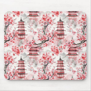 Watercolor Chinese Pagoda with Cherry Blossoms (9) Mouse Pad