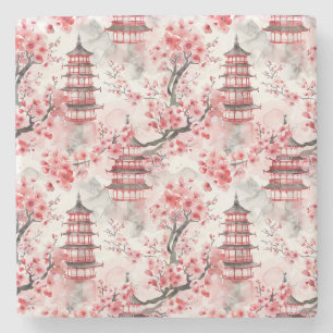 Watercolor Chinese Pagoda with Cherry Blossoms (9) Stone Coaster