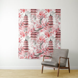 Watercolor Chinese Pagoda with Cherry Blossoms (9) Tapestry