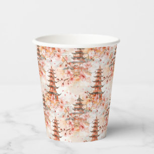 Watercolor Chinese Pagoda with Cherry Blossoms Paper Cups