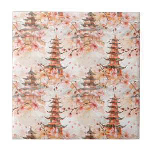 Watercolor Chinese Pagoda with Cherry Blossoms Tile