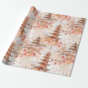 Watercolor Chinese Pagoda with Cherry Blossoms Wrapping Paper