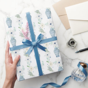 Watercolor Chinoiserie Blue Floral Ginger Jars Wrapping Paper