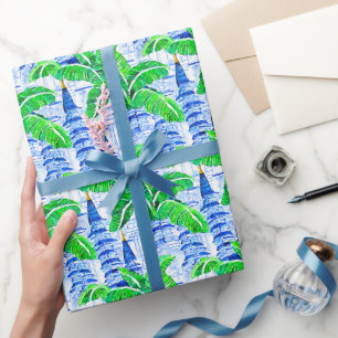 Watercolor Chinoiserie Blue Pagodas Wrapping Paper