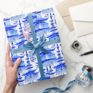 Watercolor Chinoiserie Blue Pagodas Wrapping Paper