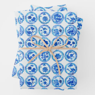 Watercolor Chinoiserie Blue Plates Pattern Wrapping Paper Sheet