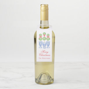 Watercolor Chinoiserie Christmas Bow Topiary Bottle Tag